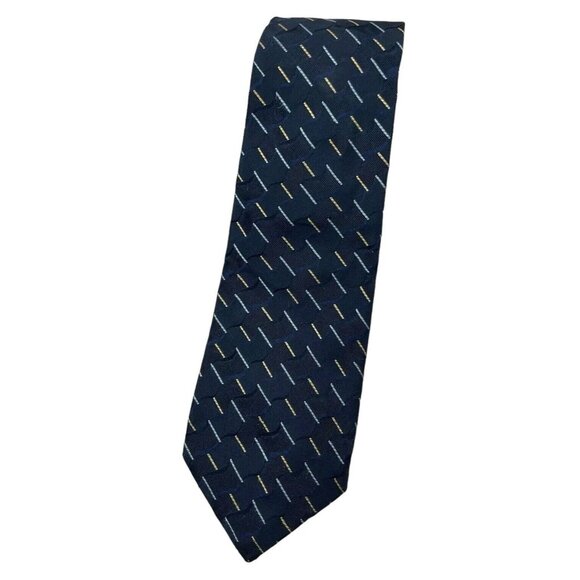 HARRY & SONS 7fold Men's 100% Silk Necktie LUXURY Tie Blue Geometric W:3.8" EUC